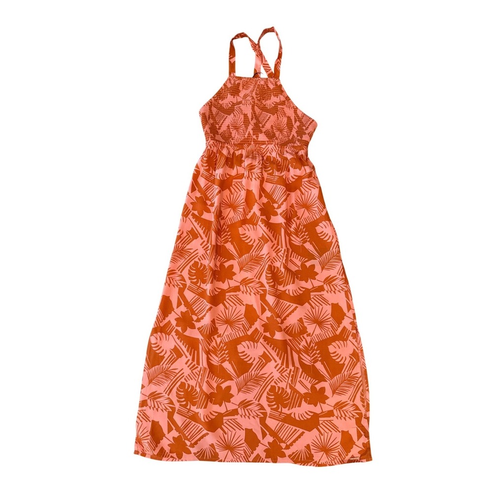 Volcom Tropical Palm Print Smocked‎ Maxi Dress Pink Orange Resort New XS